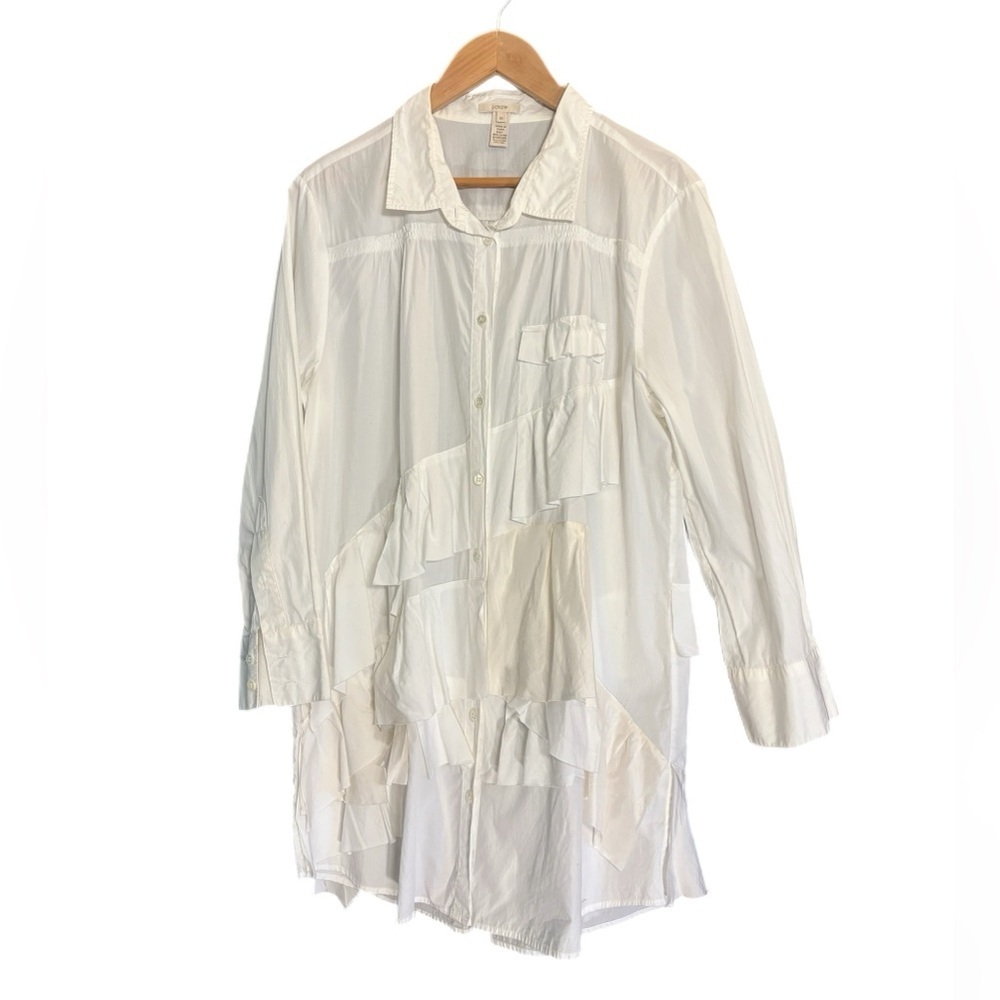 J. Crew long white button up shirt/ mini dress w/ asymmetrical ruffle detail